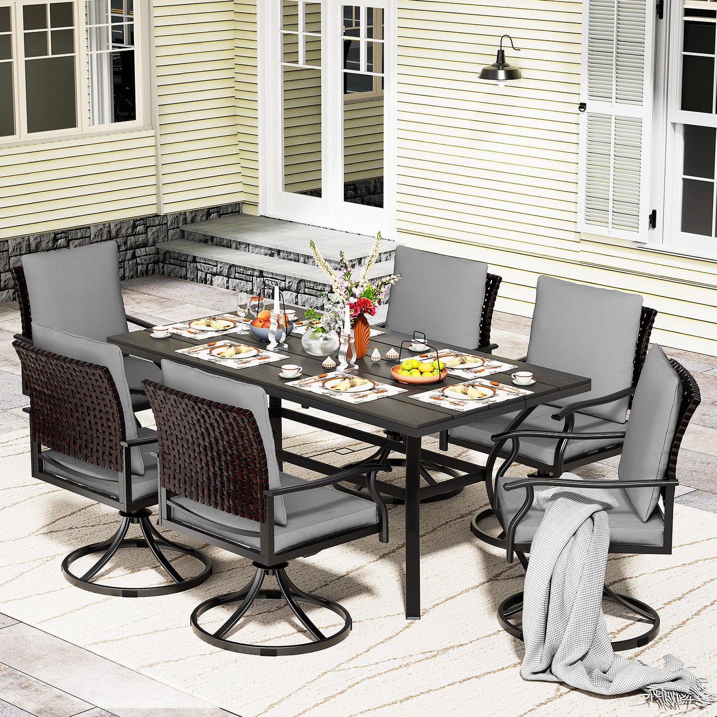 LAFWELL 7 Piece Outdoor Patio Dining Set with 6 Swivel Dining Chairs & 1 Large Round Dining Table,Bistro Furniture Set for Lawn, Garden, Deck, Backyard and Porch