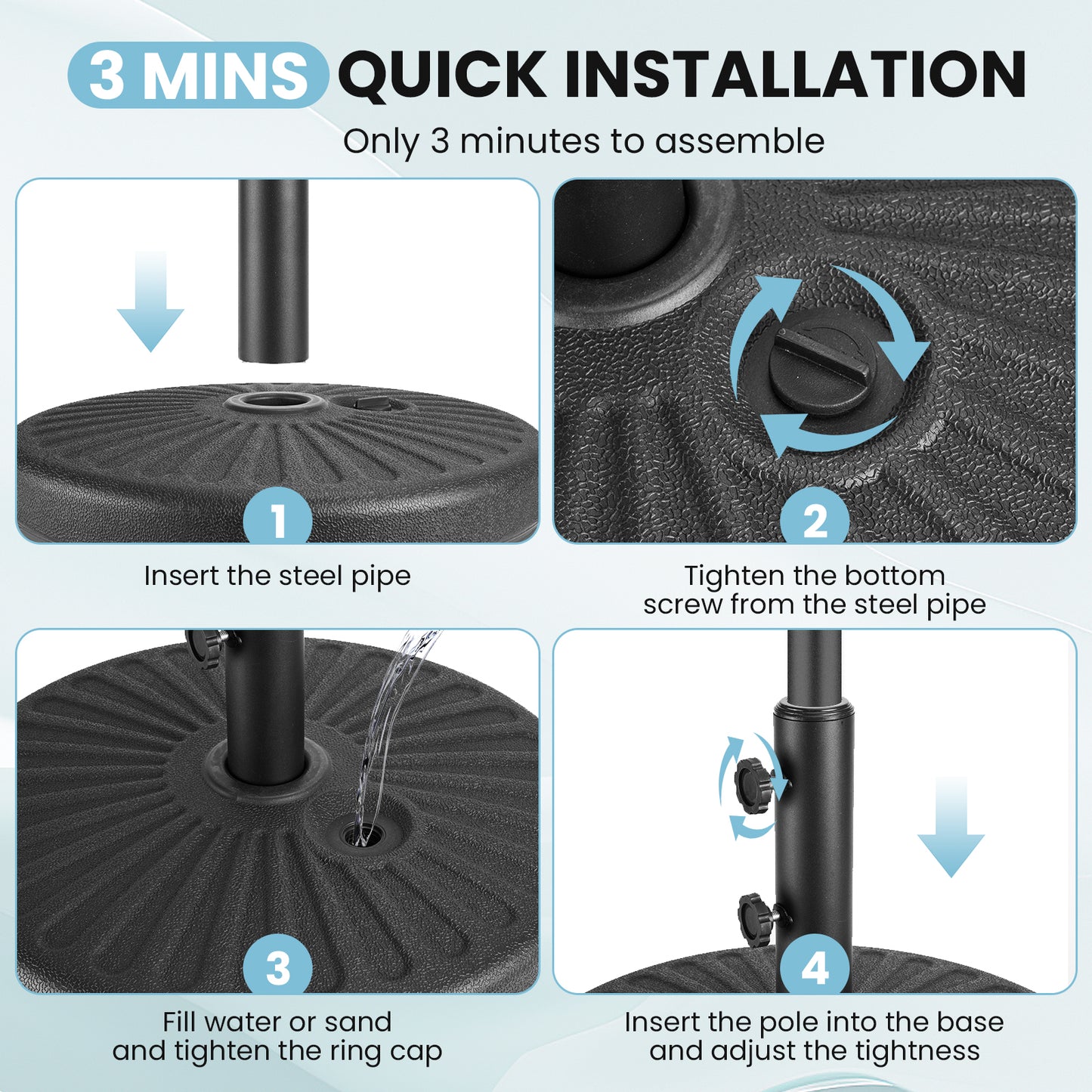 LAFWELL  Outdoor Patio Umbrella Stand, 85.7Lbs Water/Sand Filled Base with Steel Holder, Stable Support for 1.5'' Or 1.9'' Umbrella Pole, Black