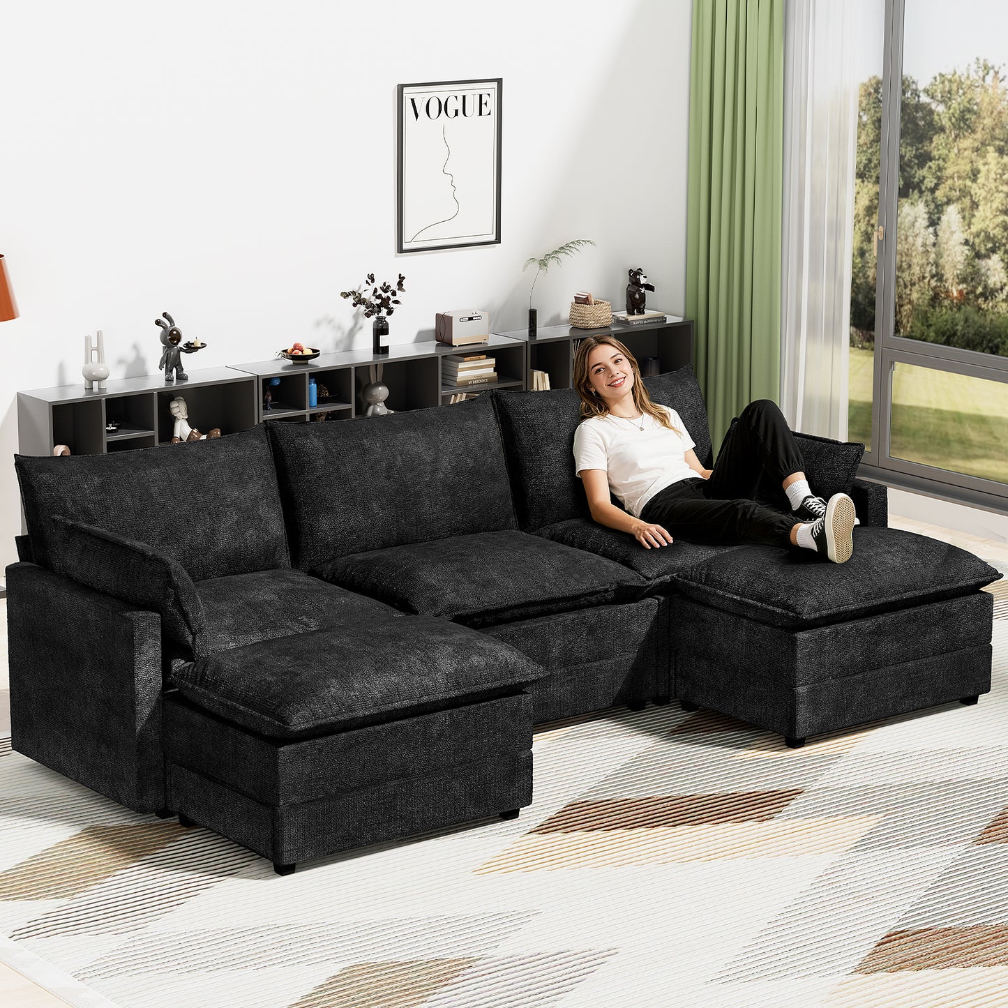 LAFWELL-12.5" L-Shape Modular Sofa with 1 Ottomans, Deep Seat Cloud Convertible Sleeper, 3 Throw 2 Arm Pillows, Comfortable Upholstered Furniture for Living Room Apartment