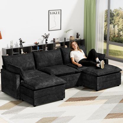 LAFWELL-12.5" L-Shape Modular Sofa with 1 Ottomans, Deep Seat Cloud Convertible Sleeper, 3 Throw 2 Arm Pillows, Comfortable Upholstered Furniture for Living Room Apartment