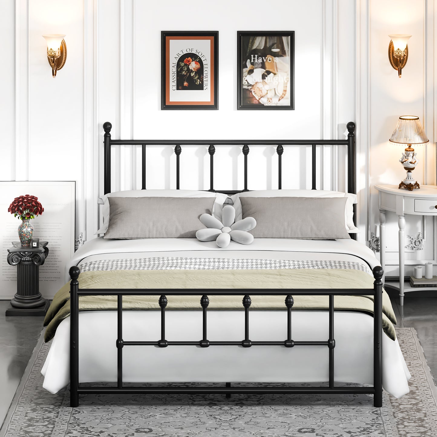 LAFWELL 14 Inch Full Size  Victorian Vintage Metal Platform Bed Frame with Headboard and Footboard, Underbed Storage, No Box Spring Needed, Easy Assembly, Black