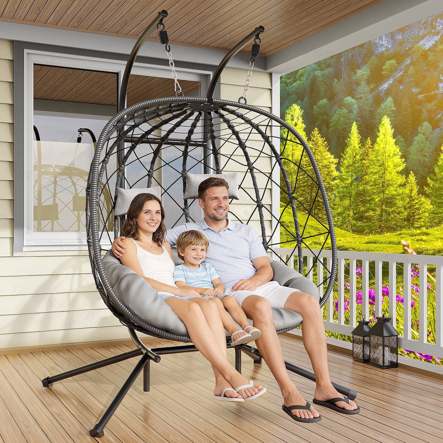 LAFWELL Double Egg Swing Chair with Stand - 2 Person Outdoor Patio Hanging Wicker Hammock Chair with Cushion, Dark Grey, for Garden, Lawn, Bedroom, Indoor/Outdoor Use