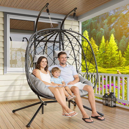LAFWELL Double Egg Swing Chair with Stand - 2 Person Outdoor Patio Hanging Wicker Hammock Chair with Cushion, Dark Grey, for Garden, Lawn, Bedroom, Indoor/Outdoor Use