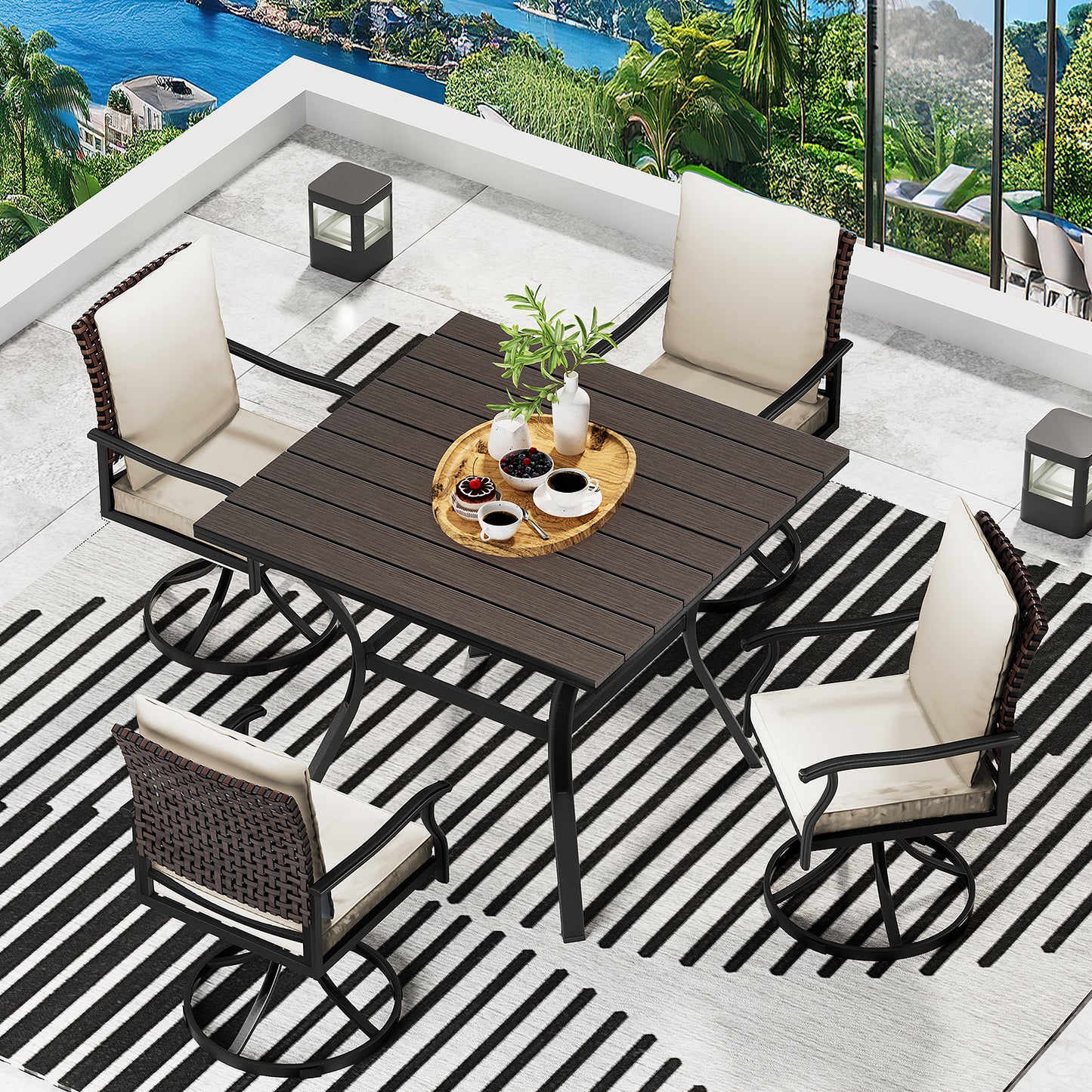 LAFWELL 7 Piece Outdoor Patio Dining Set with 6 Swivel Dining Chairs & 1 Large Round Dining Table,Bistro Furniture Set for Lawn, Garden, Deck, Backyard and Porch