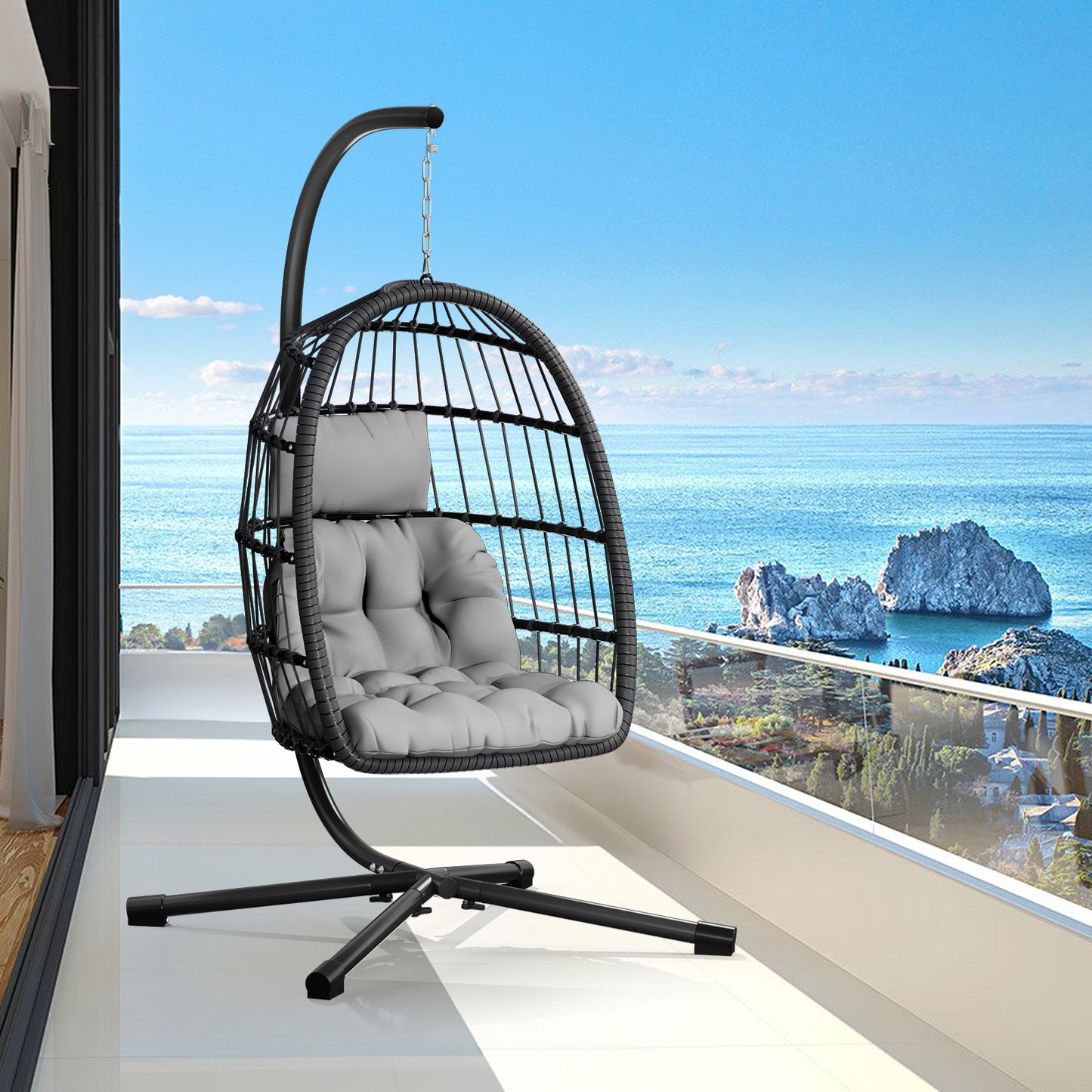LAFWELL  Egg Chair with Stand,Patio Rattan Wicker Hanging Swing Egg Chair Hammock Chair for Bedroom Porch Garden,Thickened Aluminum Alloy Steel Frame and UV Resistant Cushion,350LBS Capacity