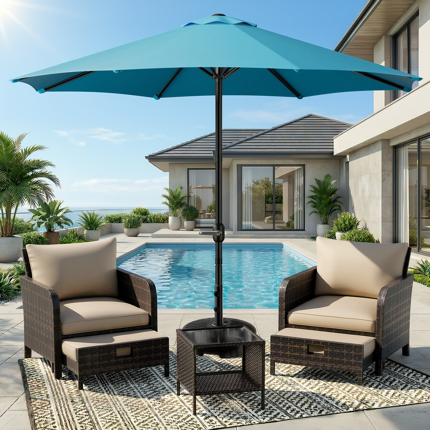LAFWELL  9FT Outdoor Patio Umbrella with Easy Crank - UV Resistant & Waterproof Market Umbrella with Ventilated Canopy, 8 Sturdy Ribs & Powder-Coated Frame for Garden, Deck, Backyard, Pool, Patio Table