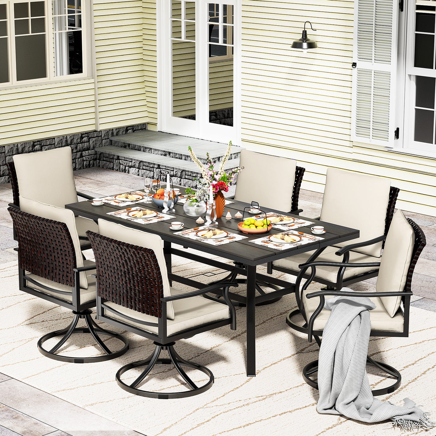 LAFWELL 7 Piece Outdoor Patio Dining Set with 6 Swivel Dining Chairs & 1 Large Round Dining Table,Bistro Furniture Set for Lawn, Garden, Deck, Backyard and Porch