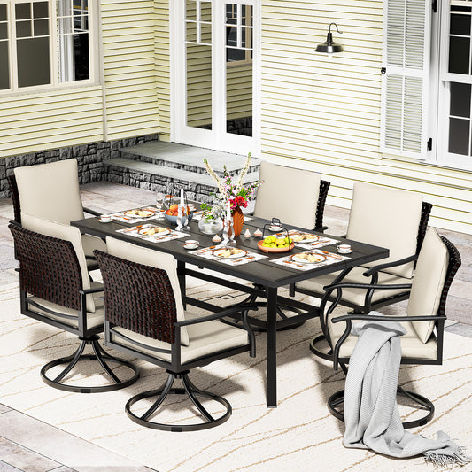 LAFWELL 7 Piece Outdoor Patio Dining Set with 6 Swivel Dining Chairs & 1 Large Round Dining Table,Bistro Furniture Set for Lawn, Garden, Deck, Backyard and Porch