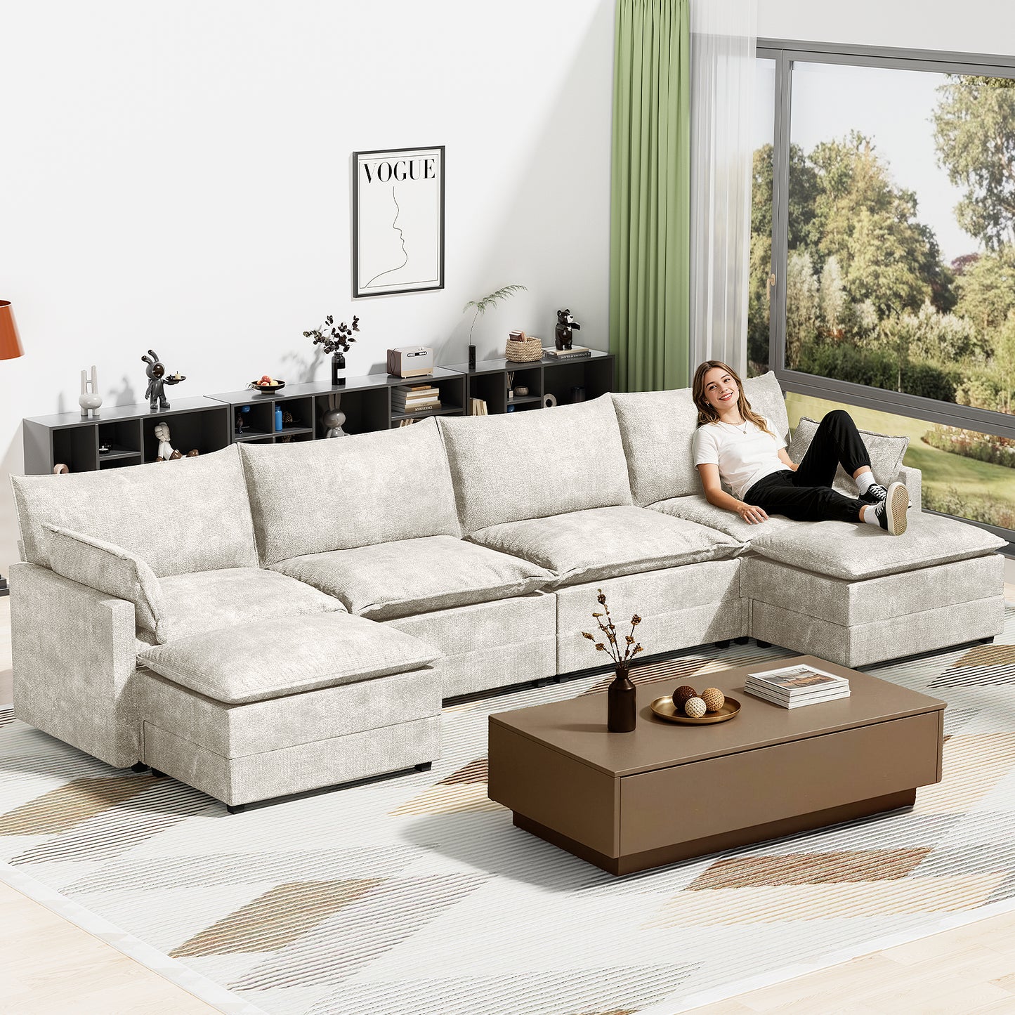 LAFWELL-12.5" L-Shape Modular Sofa with 1 Ottomans, Deep Seat Cloud Convertible Sleeper, 3 Throw 2 Arm Pillows, Comfortable Upholstered Furniture for Living Room Apartment