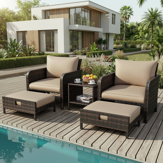 LAFWELL 5 Piece Patio Conversation Set with Wicker Rattan Outdoor Lounge Chairs, Soft Cushions, Ottoman, Glass Table