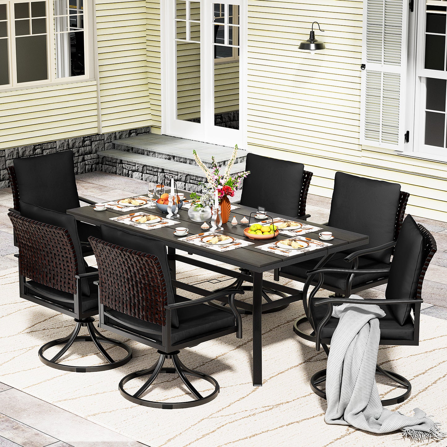 LAFWELL 7 Piece Outdoor Patio Dining Set with 6 Swivel Dining Chairs & 1 Large Round Dining Table,Bistro Furniture Set for Lawn, Garden, Deck, Backyard and Porch