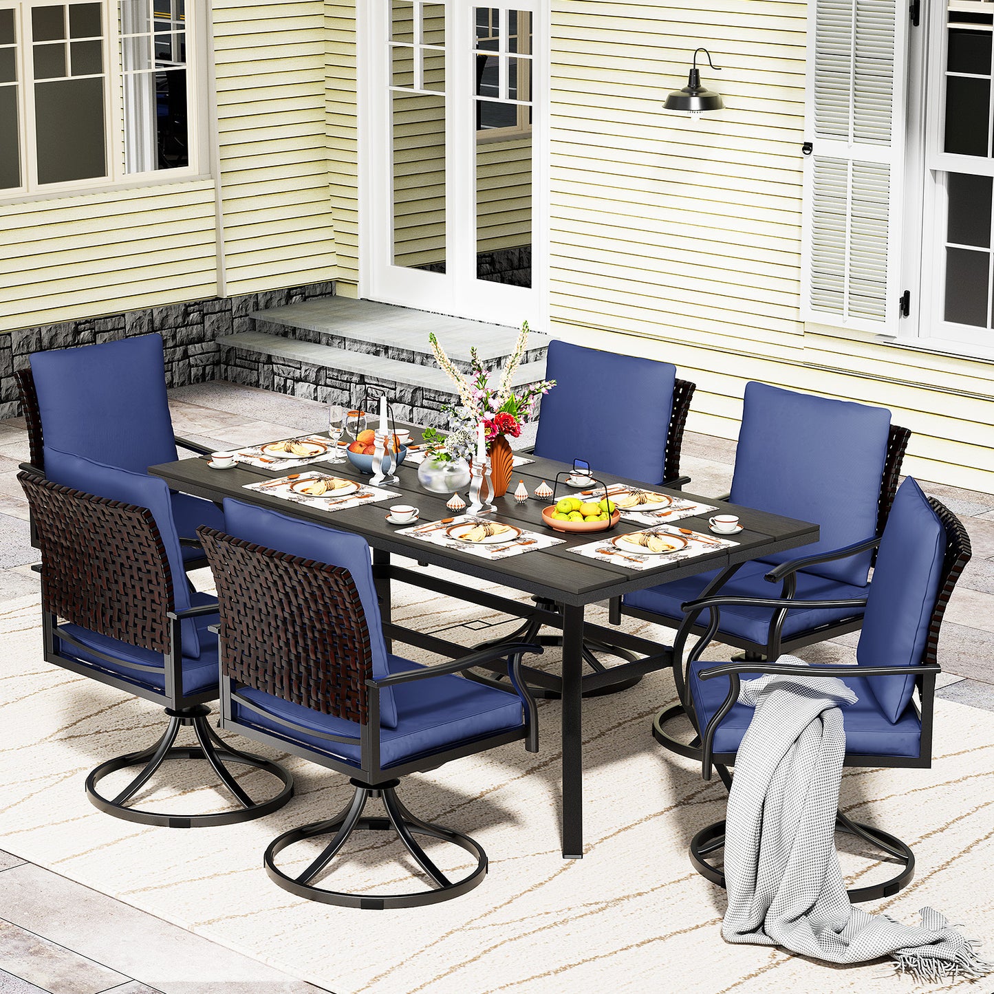 LAFWELL 7 Piece Outdoor Patio Dining Set with 6 Swivel Dining Chairs & 1 Large Round Dining Table,Bistro Furniture Set for Lawn, Garden, Deck, Backyard and Porch