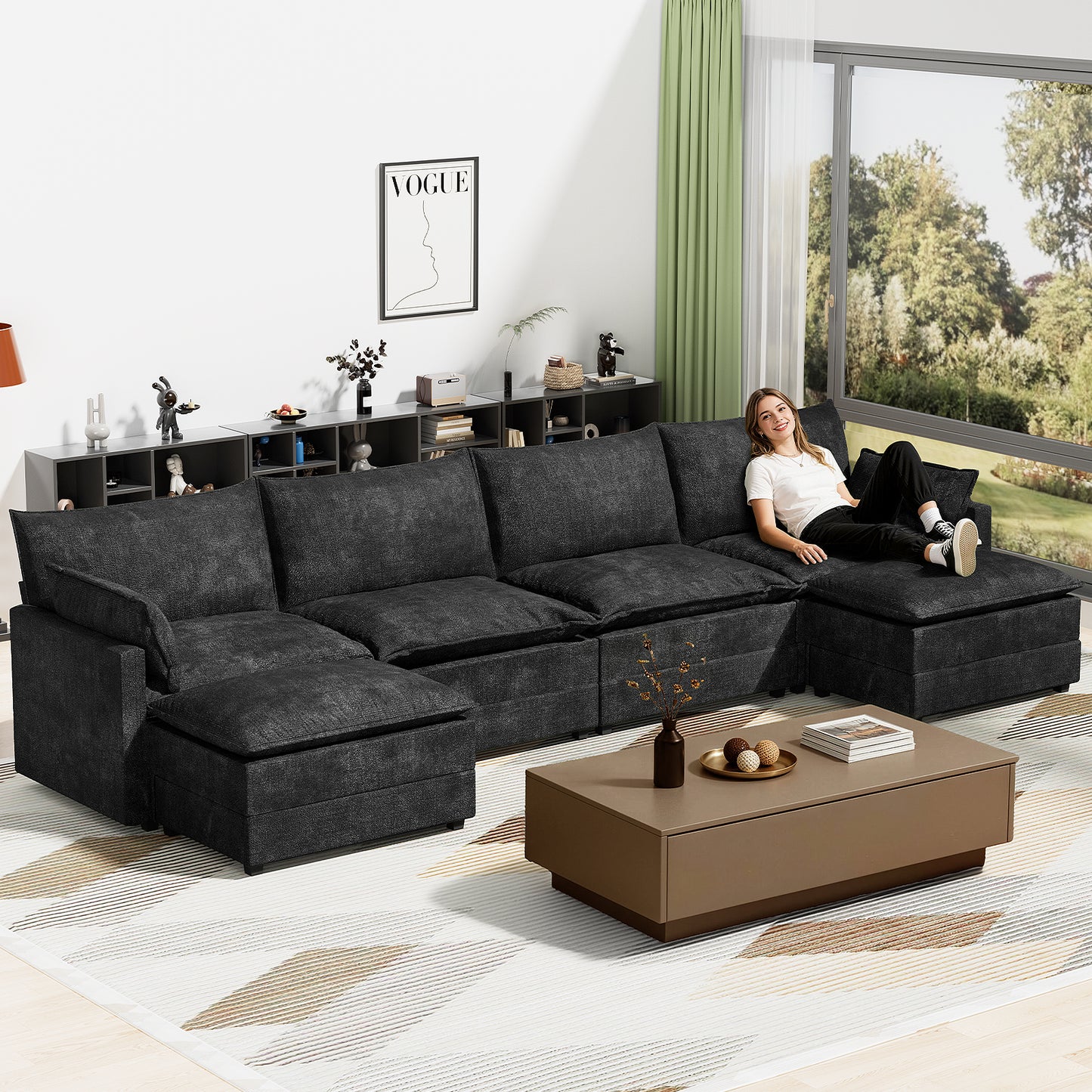 LAFWELL-12.5" L-Shape Modular Sofa with 1 Ottomans, Deep Seat Cloud Convertible Sleeper, 3 Throw 2 Arm Pillows, Comfortable Upholstered Furniture for Living Room Apartment