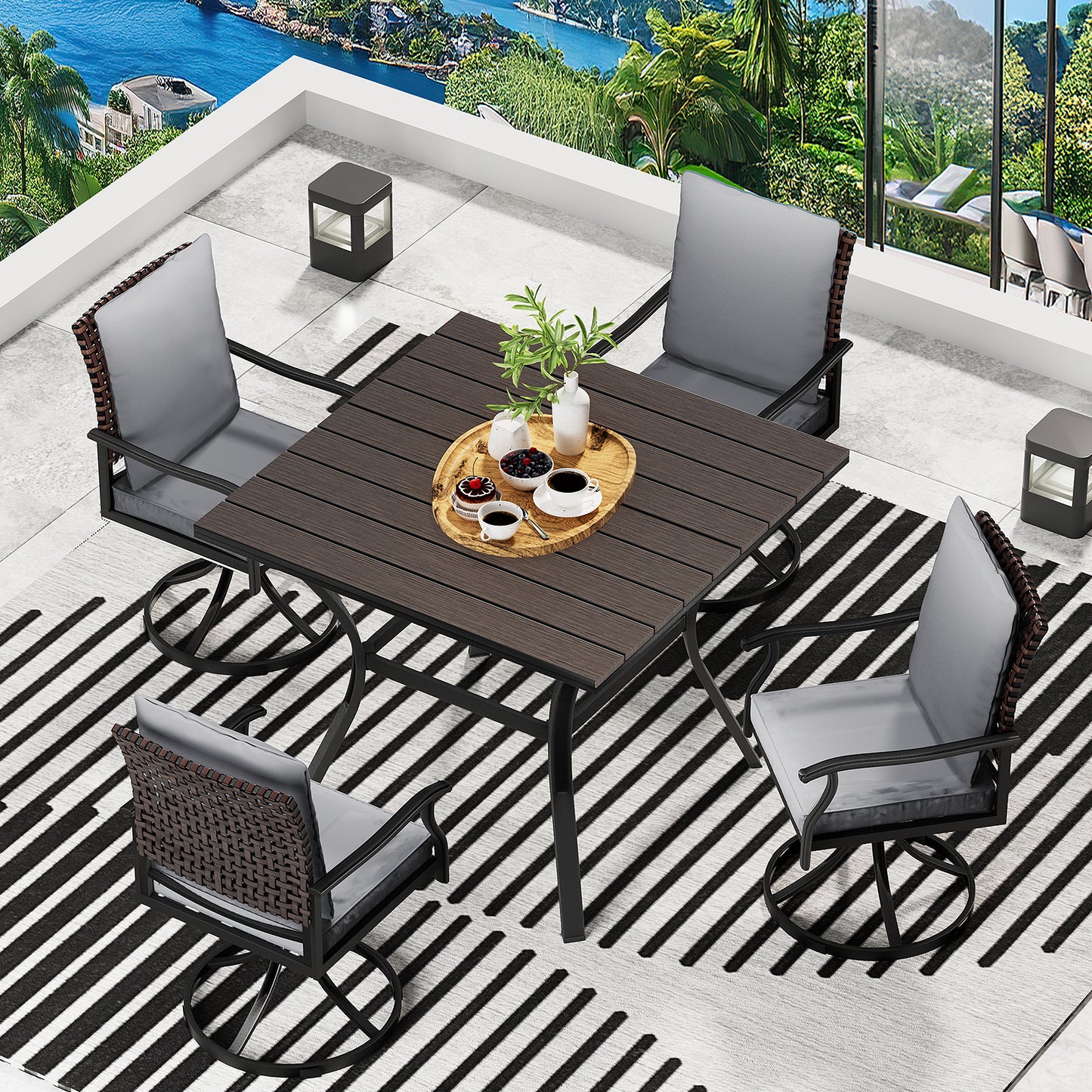 LAFWELL 7 Piece Outdoor Patio Dining Set with 6 Swivel Dining Chairs & 1 Large Round Dining Table,Bistro Furniture Set for Lawn, Garden, Deck, Backyard and Porch