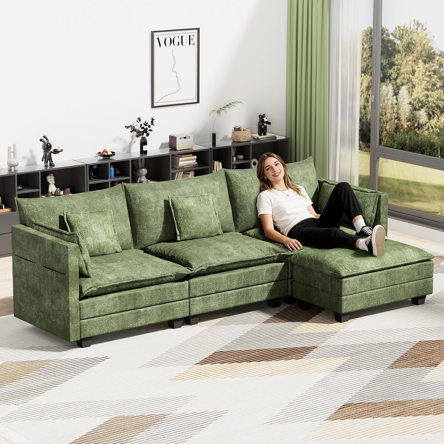 LAFWELL-12.5" L-Shape Modular Sofa with 1 Ottomans, Deep Seat Cloud Convertible Sleeper, 3 Throw 2 Arm Pillows, Comfortable Upholstered Furniture for Living Room Apartment