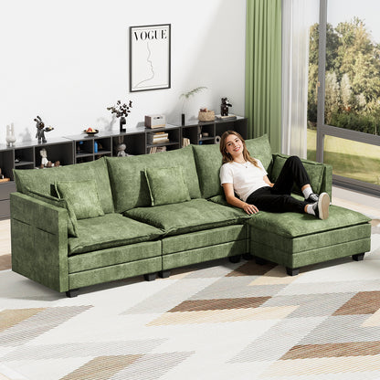 LAFWELL-12.5" L-Shape Modular Sofa with 1 Ottomans, Deep Seat Cloud Convertible Sleeper, 3 Throw 2 Arm Pillows, Comfortable Upholstered Furniture for Living Room Apartment
