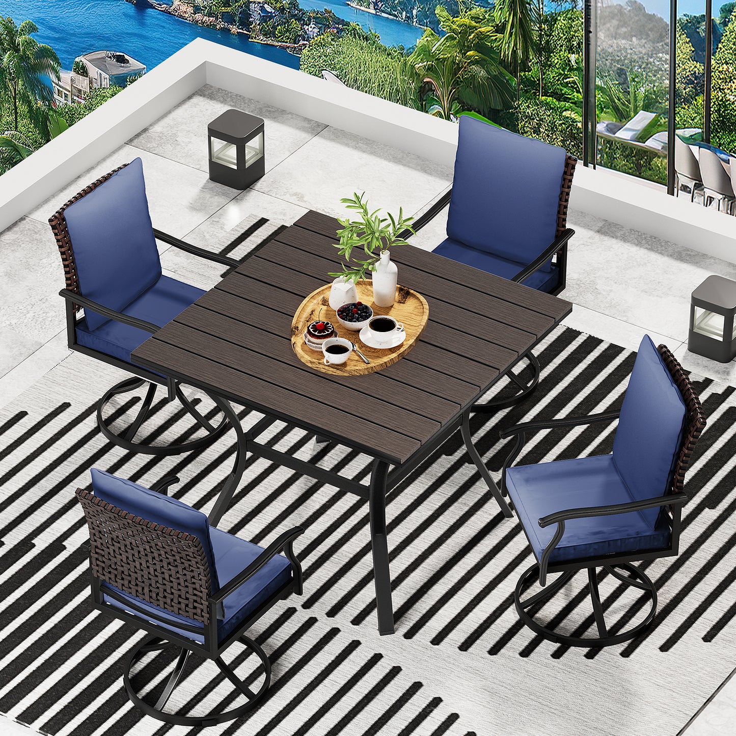 LAFWELL 7 Piece Outdoor Patio Dining Set with 6 Swivel Dining Chairs & 1 Large Round Dining Table,Bistro Furniture Set for Lawn, Garden, Deck, Backyard and Porch