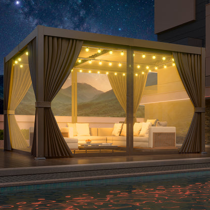 LAFWELL  10' x 12' /20' Louvered Pergola with Adjustable Roof, Outdoor Metal Patio Gazebo with Curtains & Netting, Gutter System, Large Hardtop Canopy for Garden, Deck, Backyard