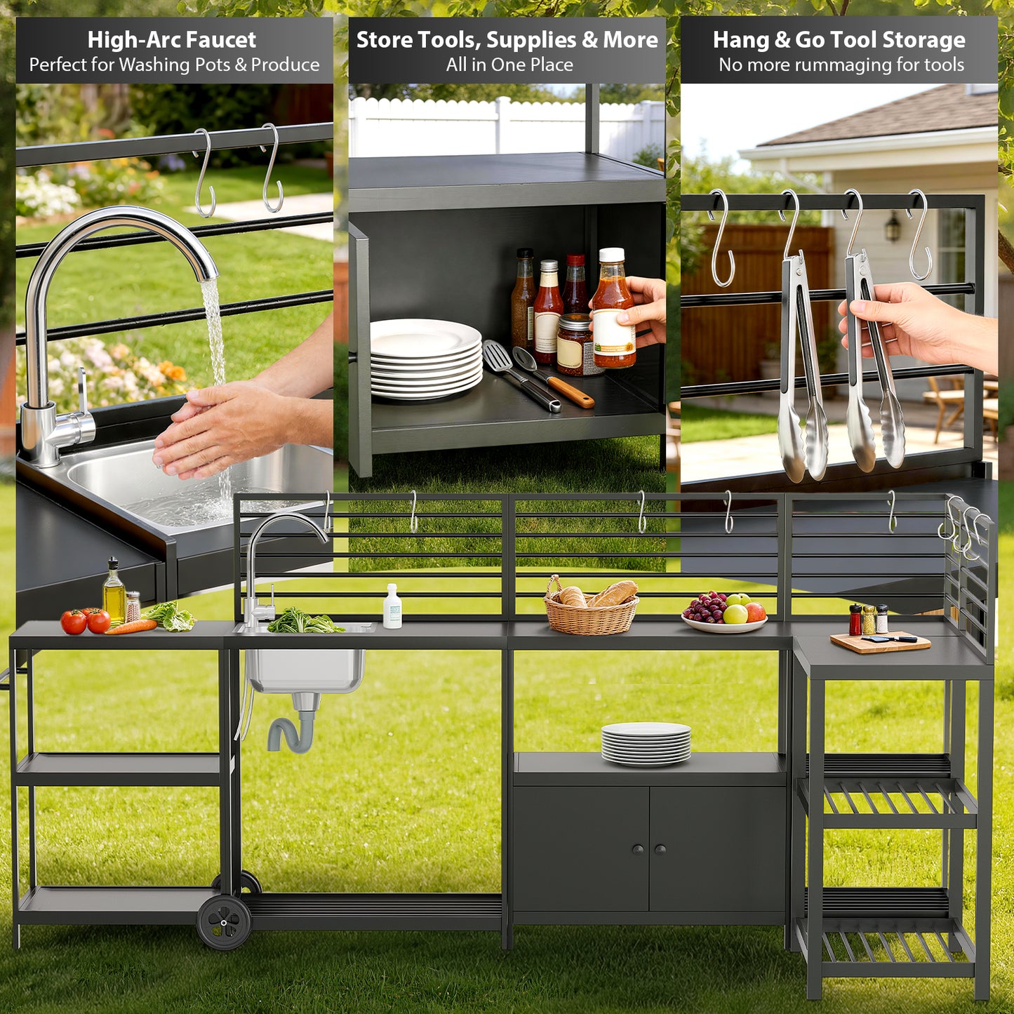 LAFWELL Modular Outdoor Kitchen Island 4-Piece Set, Aluminum Outdoor Kitchen Cabinets Prep Station with Sink, Storage Cabinets & Shelves for Patio, Backyard & Deck