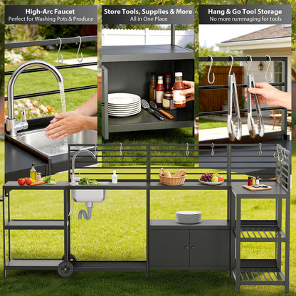 LAFWELL Modular Outdoor Kitchen Island 4-Piece Set, Aluminum Outdoor Kitchen Cabinets Prep Station with Sink, Storage Cabinets & Shelves for Patio, Backyard & Deck