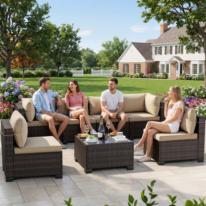 LAFWELL 7-Piece Outdoor Sectional Sofa Set, Customizable Rattan Wicker Patio Conversation Set with Versatile Arrangements for Deck, Lawn, & Cozy Lounging