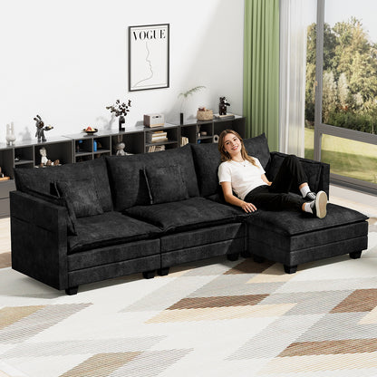 LAFWELL-12.5" L-Shape Modular Sofa with 1 Ottomans, Deep Seat Cloud Convertible Sleeper, 3 Throw 2 Arm Pillows, Comfortable Upholstered Furniture for Living Room Apartment
