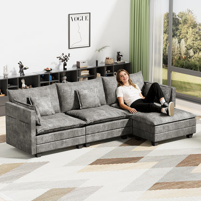 LAFWELL-12.5" L-Shape Modular Sofa with 1 Ottomans, Deep Seat Cloud Convertible Sleeper, 3 Throw 2 Arm Pillows, Comfortable Upholstered Furniture for Living Room Apartment