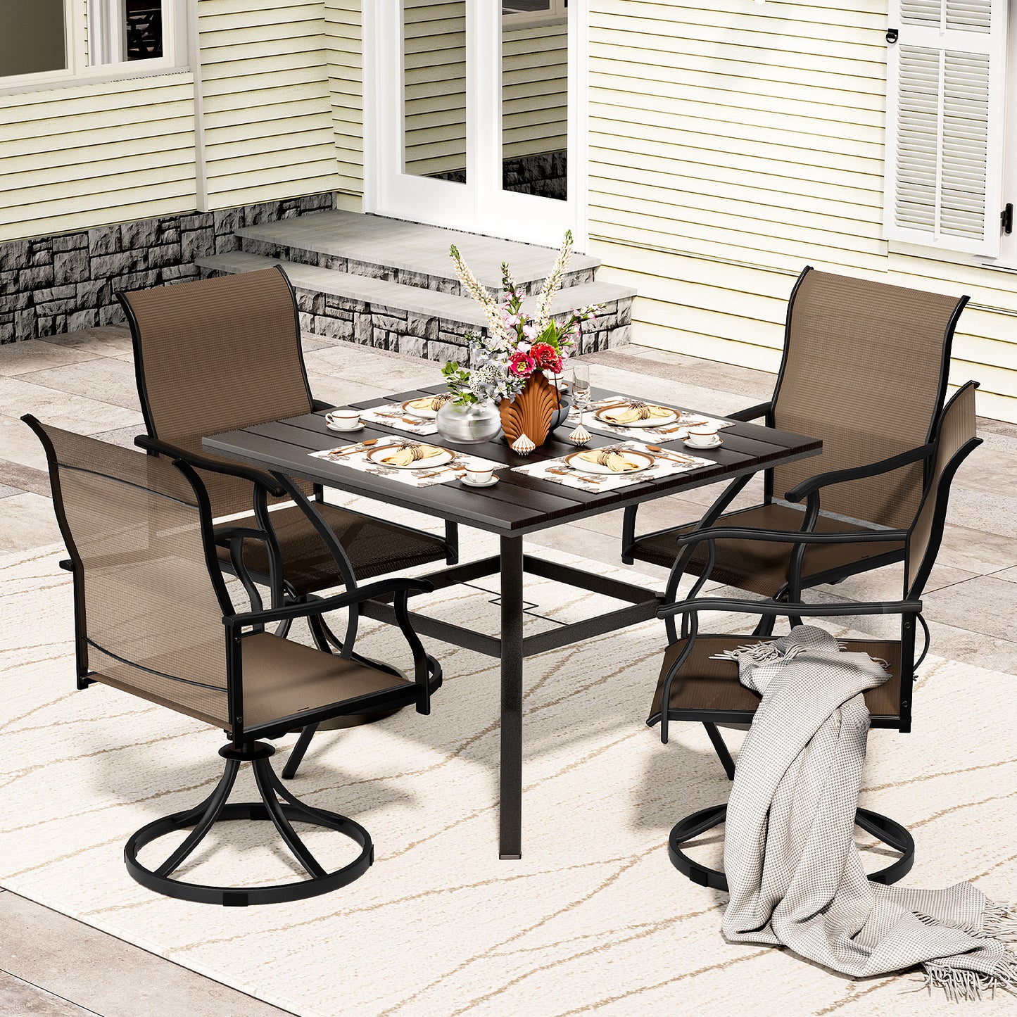 LAFWELL 7 Piece Outdoor Patio Dining Set with 6 Swivel Dining Chairs & 1 Large Round Dining Table,Bistro Furniture Set for Lawn, Garden, Deck, Backyard and Porch