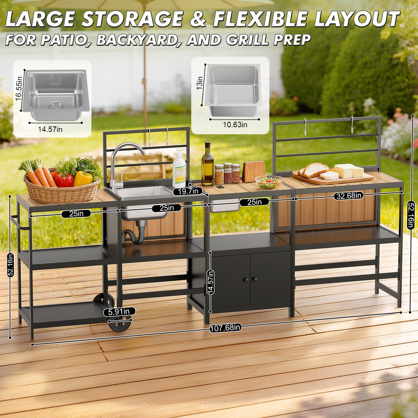 LAFWELL Modular Outdoor Kitchen Island 4-Piece Set, Aluminum Outdoor Kitchen Cabinets Prep Station with Sink, Storage Cabinets & Shelves for Patio, Backyard & Deck