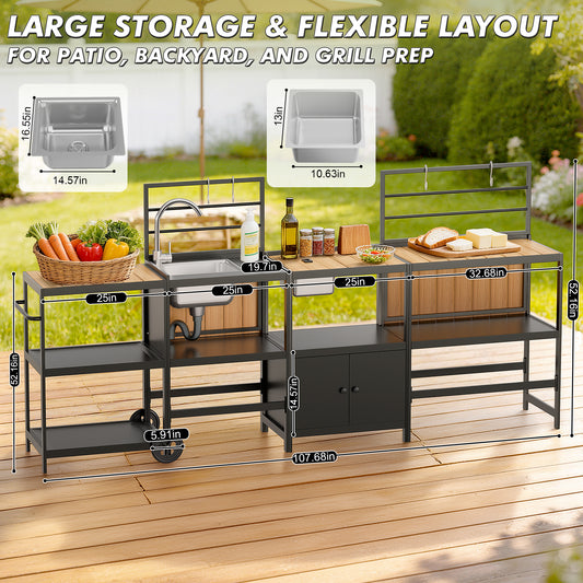 LAFWELL Modular Outdoor Kitchen Island 4-Piece Set, Aluminum Outdoor Kitchen Cabinets Prep Station with Sink, Storage Cabinets & Shelves for Patio, Backyard & Deck