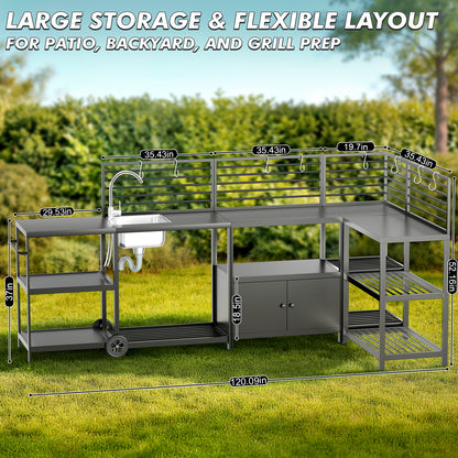 LAFWELL Modular Outdoor Kitchen Island 4-Piece Set, Aluminum Outdoor Kitchen Cabinets Prep Station with Sink, Storage Cabinets & Shelves for Patio, Backyard & Deck