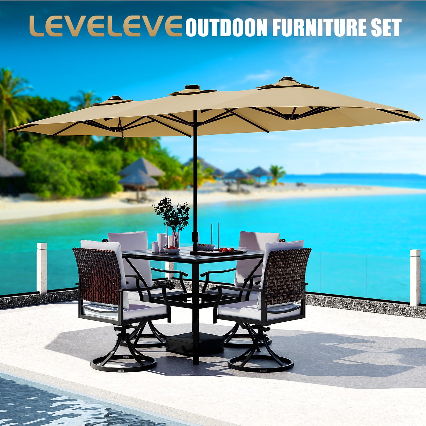 LAFWELL 15FT Double-Sided Patio Umbrella with Base Included, Large Outdoor Rectangular Market Umbrella for Backyard, Poolside, Lawn & Garden