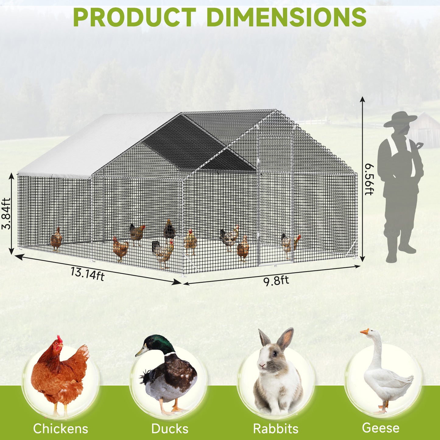 LAFWELL Petony Chicken Coop Outdoor Walk-in Poultry Cage Large Metal Pen Hen Run House Spire Shaped Cage with Waterproof Anti-Ultraviolet Cover,for Backyard Farm Rabbits Duck