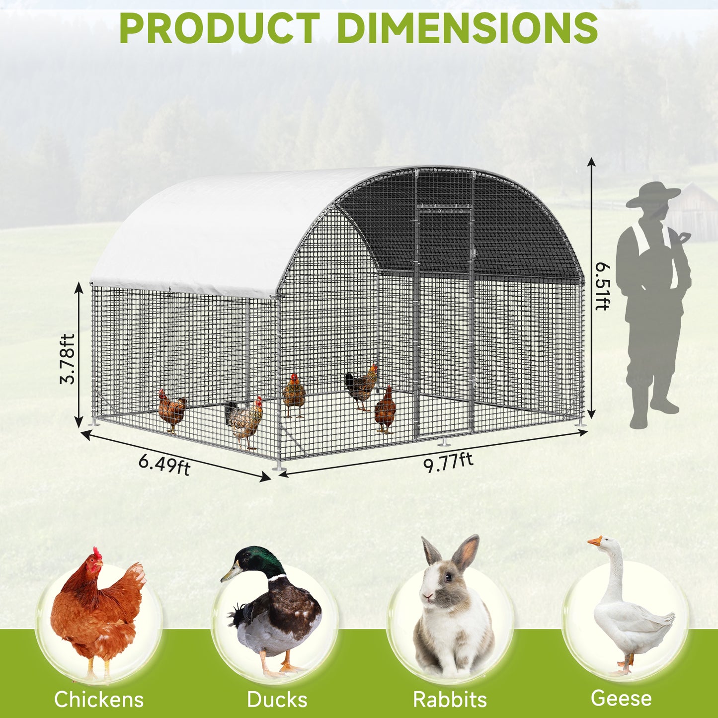 LAFWELL Petony Chicken Coop Outdoor Walk-in Poultry Cage Large Metal Pen Hen Run House Spire Shaped Cage with Waterproof Anti-Ultraviolet Cover,for Backyard Farm Rabbits Duck