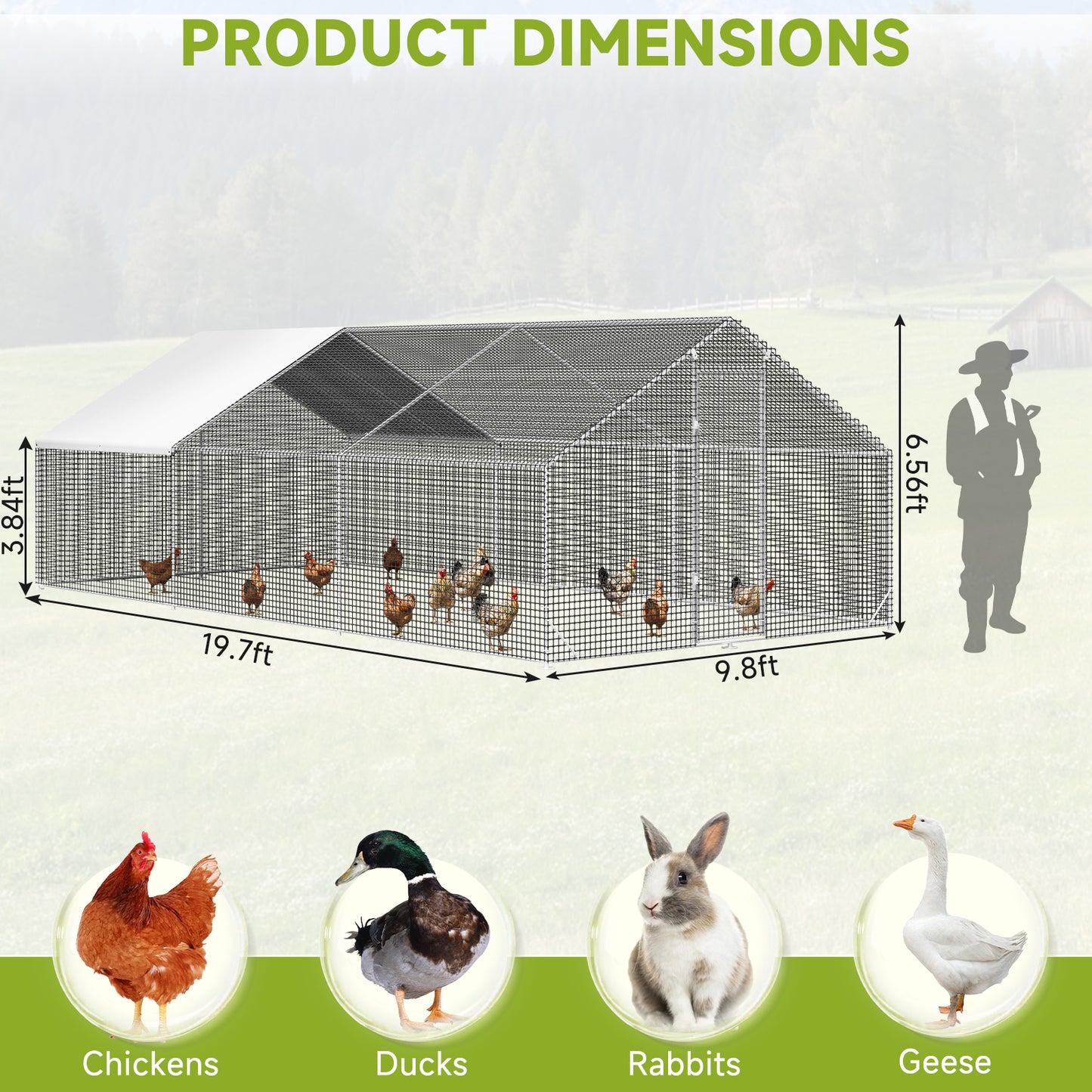 LAFWELL Petony Chicken Coop Outdoor Walk-in Poultry Cage Large Metal Pen Hen Run House Spire Shaped Cage with Waterproof Anti-Ultraviolet Cover,for Backyard Farm Rabbits Duck