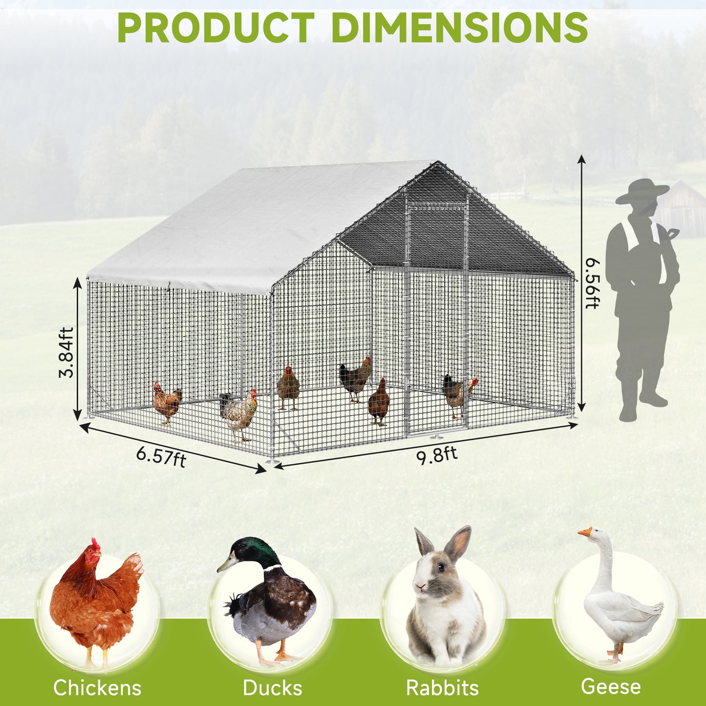 LAFWELL Petony Chicken Coop Outdoor Walk-in Poultry Cage Large Metal Pen Hen Run House Spire Shaped Cage with Waterproof Anti-Ultraviolet Cover,for Backyard Farm Rabbits Duck
