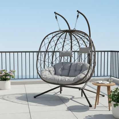 LAFWELL Double Egg Swing Chair with Stand - 2 Person Outdoor Patio Hanging Wicker Hammock Chair with Cushion, Dark Grey, for Garden, Lawn, Bedroom, Indoor/Outdoor Use