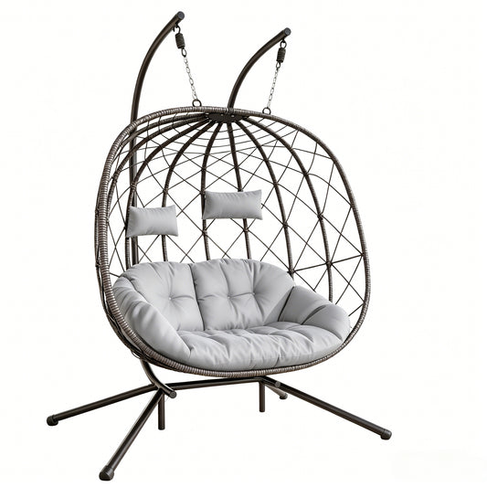 LAFWELL Double Egg Swing Chair with Stand - 2 Person Outdoor Patio Hanging Wicker Hammock Chair with Cushion, Dark Grey, for Garden, Lawn, Bedroom, Indoor/Outdoor Use