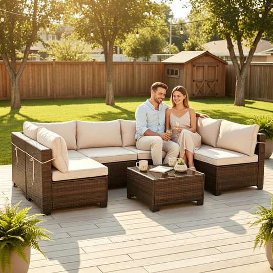 LAFWELL 7-Piece Outdoor Sectional Sofa Set, Customizable Rattan Wicker Patio Conversation Set with Versatile Arrangements for Deck, Lawn, & Cozy Lounging