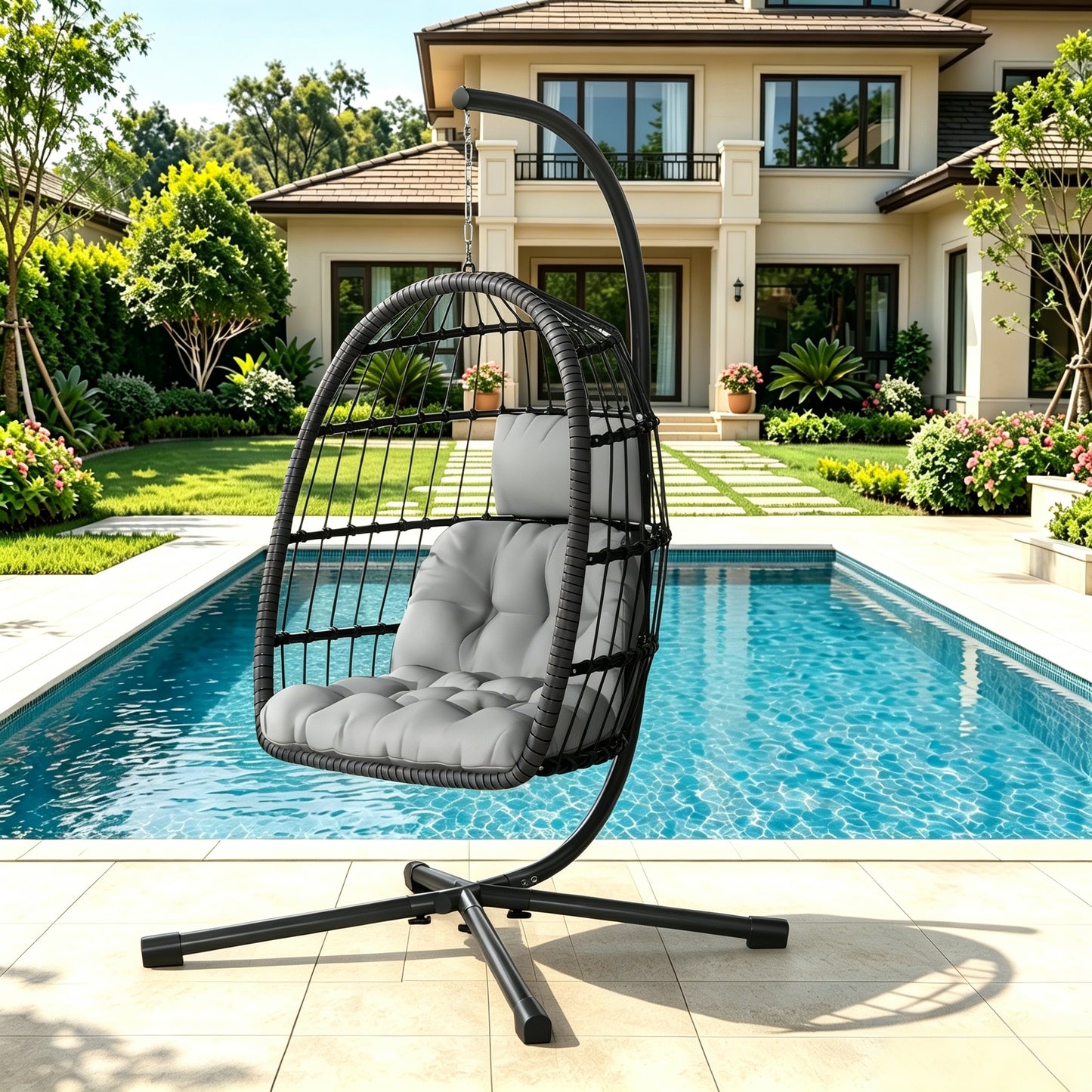 LAFWELL  Egg Chair with Stand,Patio Rattan Wicker Hanging Swing Egg Chair Hammock Chair for Bedroom Porch Garden,Thickened Aluminum Alloy Steel Frame and UV Resistant Cushion,350LBS Capacity