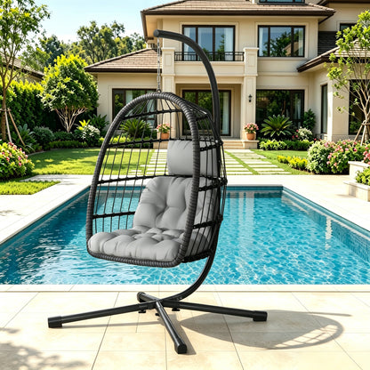 LAFWELL  Egg Chair with Stand,Patio Rattan Wicker Hanging Swing Egg Chair Hammock Chair for Bedroom Porch Garden,Thickened Aluminum Alloy Steel Frame and UV Resistant Cushion,350LBS Capacity