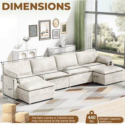 LAFWELL-12.5" L-Shape Modular Sofa with 1 Ottomans, Deep Seat Cloud Convertible Sleeper, 3 Throw 2 Arm Pillows, Comfortable Upholstered Furniture for Living Room Apartment