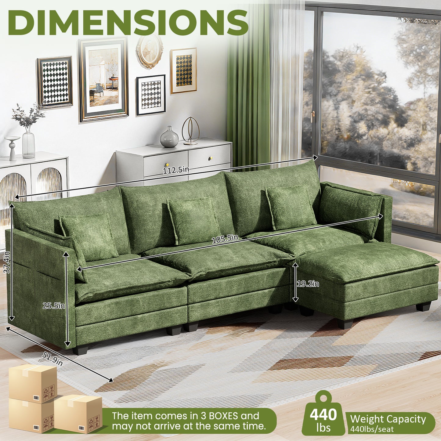 LAFWELL-12.5" L-Shape Modular Sofa with 1 Ottomans, Deep Seat Cloud Convertible Sleeper, 3 Throw 2 Arm Pillows, Comfortable Upholstered Furniture for Living Room Apartment