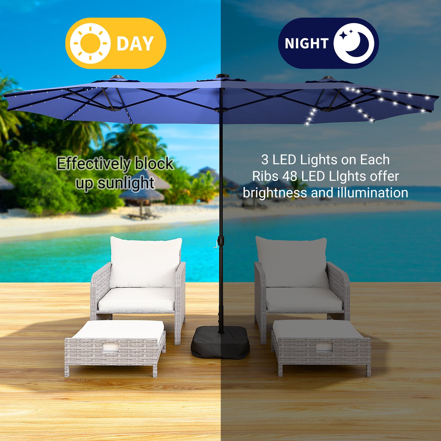 LAFWELL 15FT Double-Sided Patio Umbrella with Base Included, Large Outdoor Rectangular Market Umbrella for Backyard, Poolside, Lawn & Garden