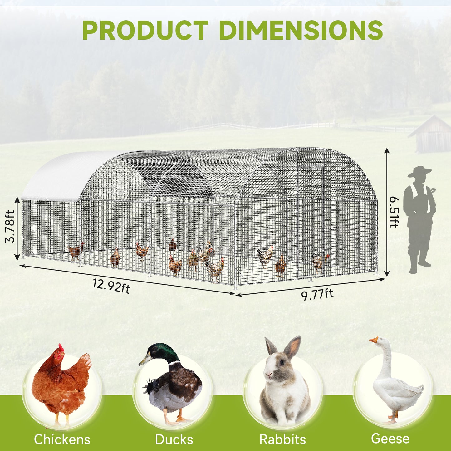 LAFWELL Petony Chicken Coop Outdoor Walk-in Poultry Cage Large Metal Pen Hen Run House Spire Shaped Cage with Waterproof Anti-Ultraviolet Cover,for Backyard Farm Rabbits Duck