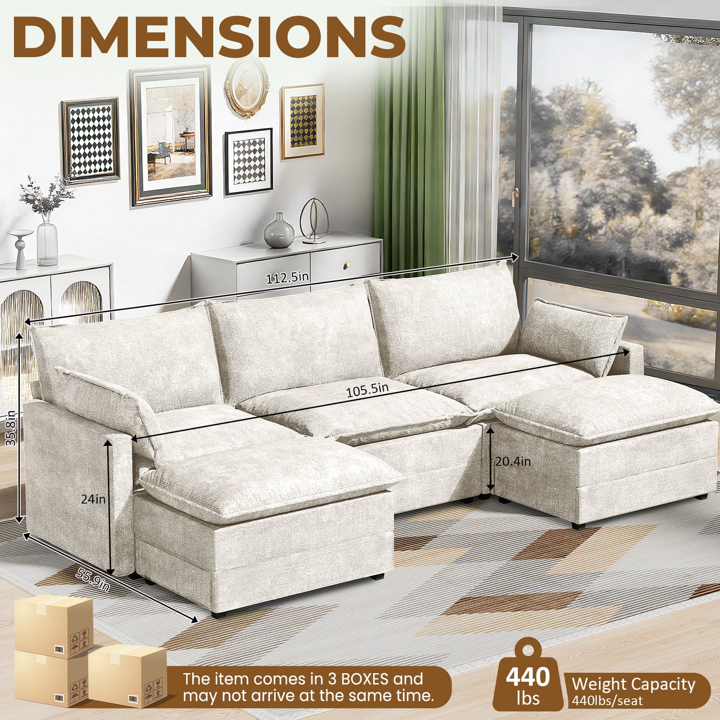 LAFWELL 147in Large Modular Sectional Sofa with Ottoman, Deep Seat Cloud Convertible Sleeper Couch for Family Movie Nights & Living Room Lounging, Includes 5 Pillows