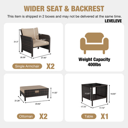 LAFWELL 5 Piece Patio Conversation Set with Wicker Rattan Outdoor Lounge Chairs, Soft Cushions, Ottoman, Glass Table