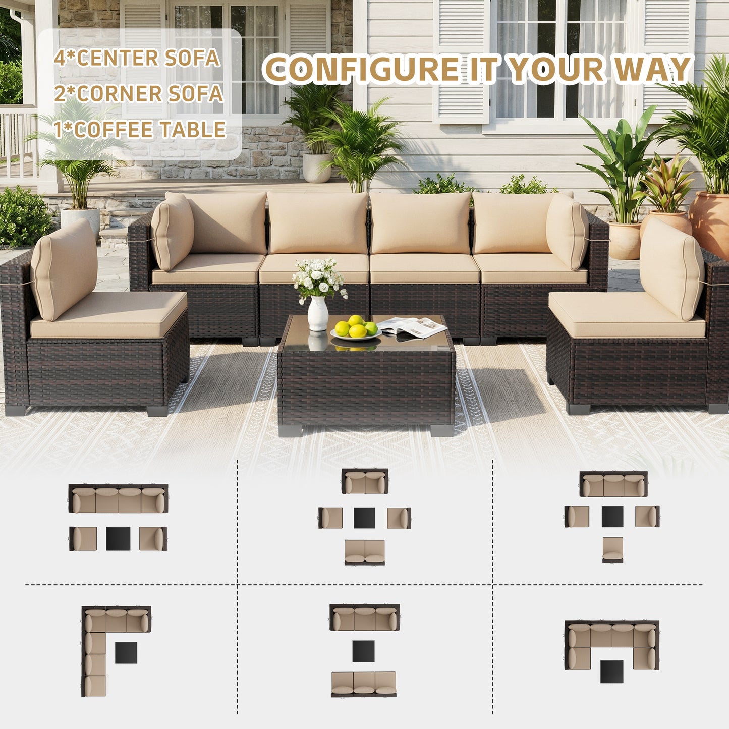 LAFWELL 7-Piece Outdoor Sectional Sofa Set, Customizable Rattan Wicker Patio Conversation Set with Versatile Arrangements for Deck, Lawn, & Cozy Lounging