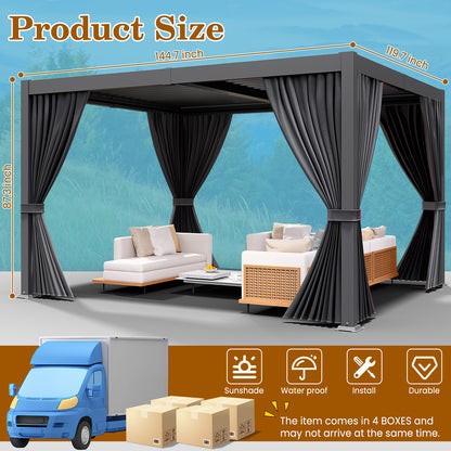 LAFWELL  10' x 12' /20' Louvered Pergola with Adjustable Roof, Outdoor Metal Patio Gazebo with Curtains & Netting, Gutter System, Large Hardtop Canopy for Garden, Deck, Backyard