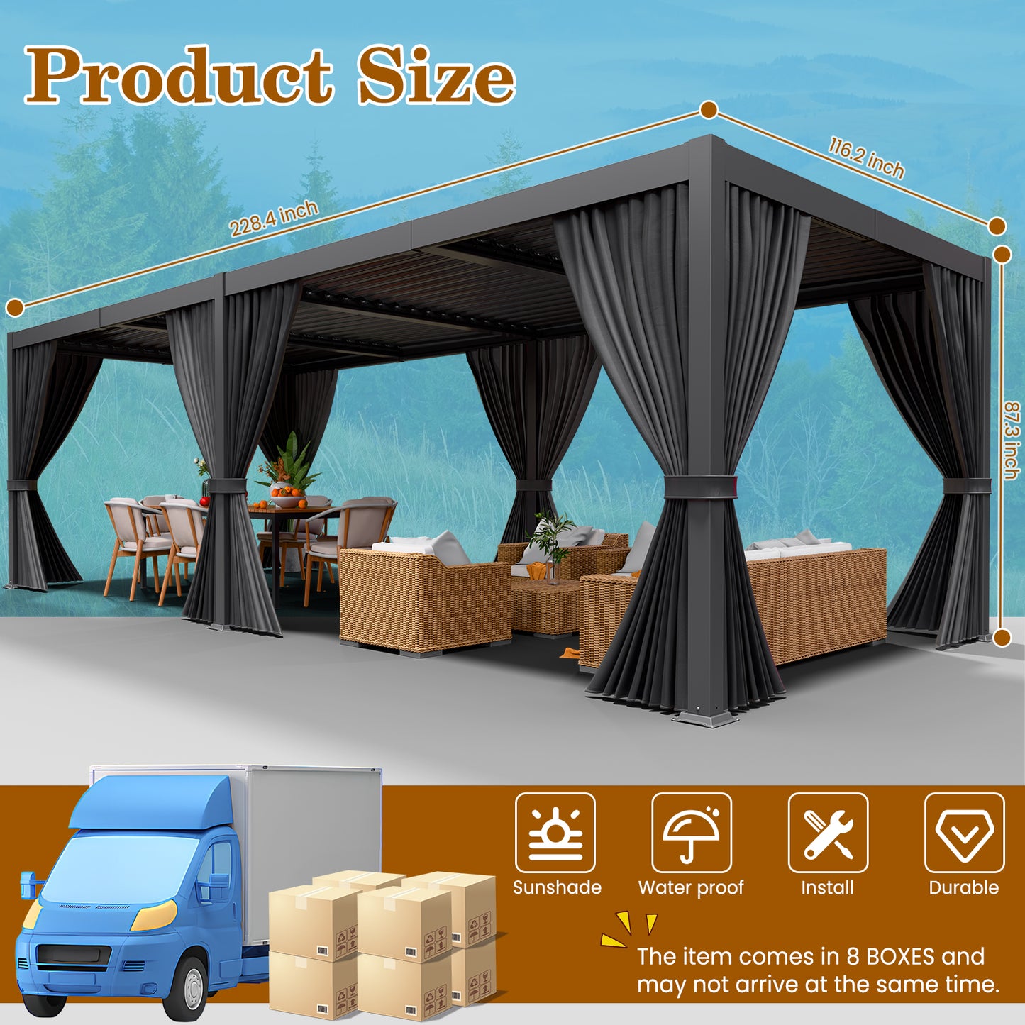 LAFWELL  10' x 12' /20' Louvered Pergola with Adjustable Roof, Outdoor Metal Patio Gazebo with Curtains & Netting, Gutter System, Large Hardtop Canopy for Garden, Deck, Backyard